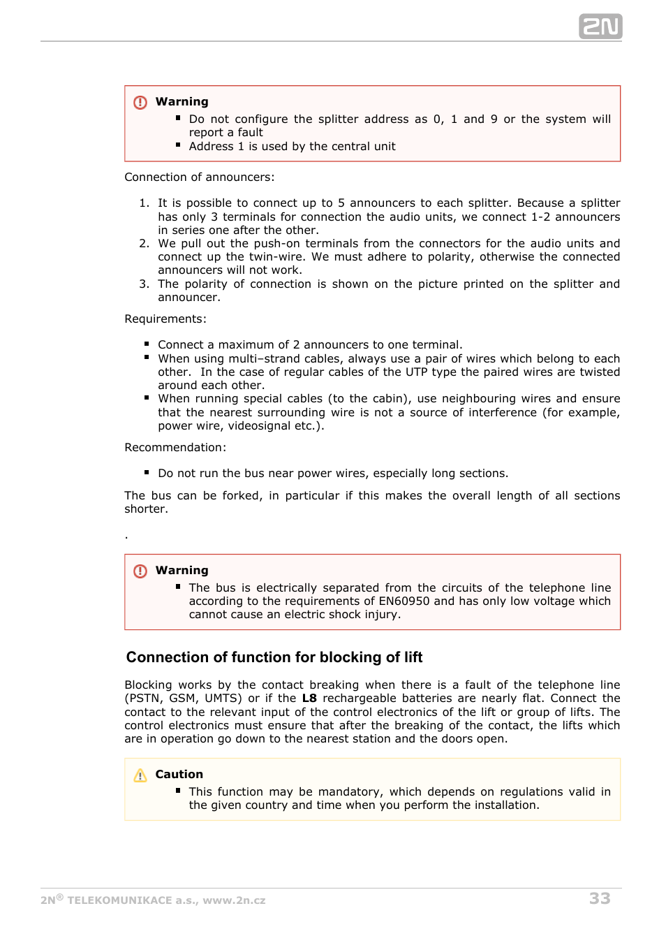 Connection of function for blocking of lift | 2N Lift8 v1.0 User Manual | Page 33 / 164