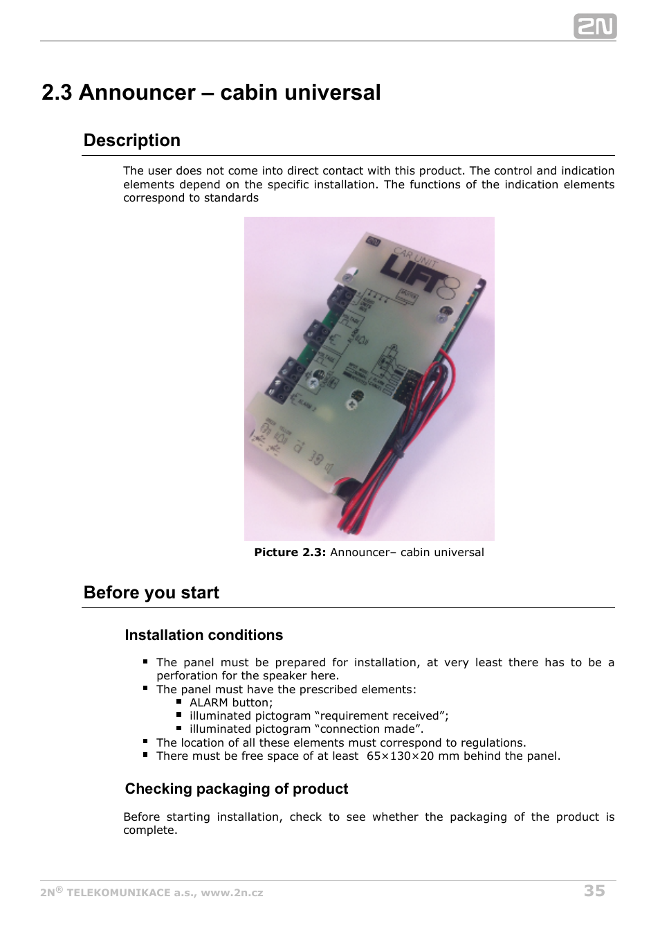 3 announcer – cabin universal, Description, Before you start | 2N Lift8 v1.0 User Manual | Page 35 / 164