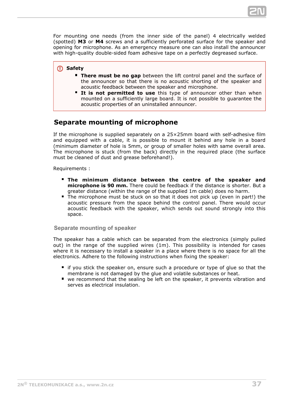 Separate mounting of microphone | 2N Lift8 v1.0 User Manual | Page 37 / 164