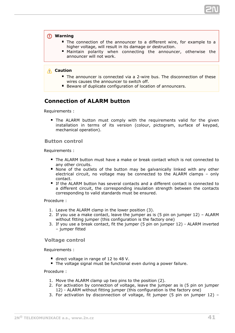 Connection of alarm button | 2N Lift8 v1.0 User Manual | Page 41 / 164