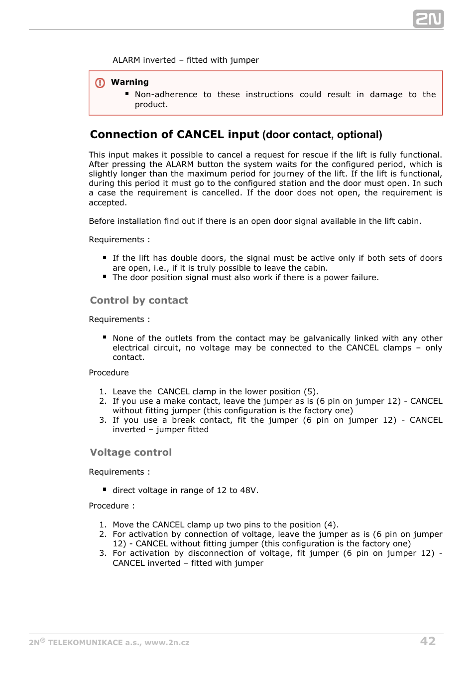 Door contact, optional) connection of cancel input | 2N Lift8 v1.0 User Manual | Page 42 / 164