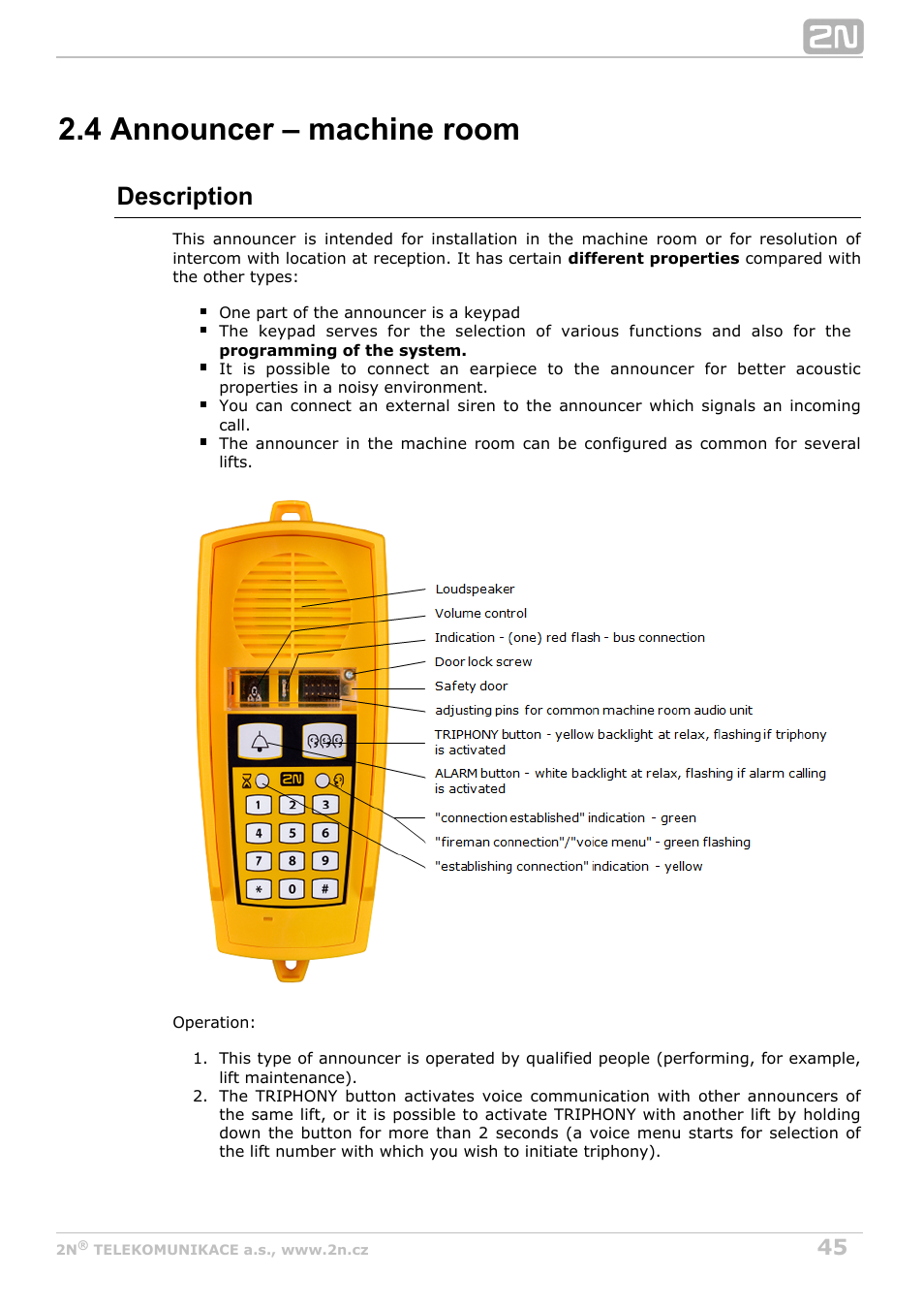 4 announcer – machine room, Description | 2N Lift8 v1.0 User Manual | Page 45 / 164