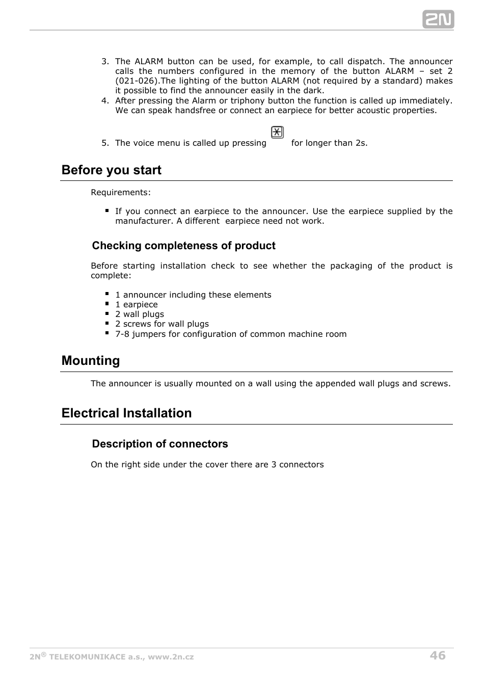 Before you start, Mounting, Electrical installation | 2N Lift8 v1.0 User Manual | Page 46 / 164