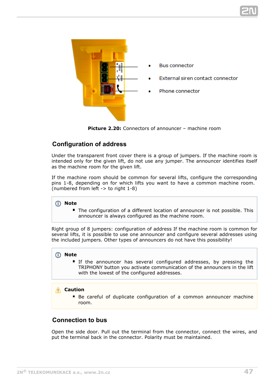 Configuration of address, Connection to bus | 2N Lift8 v1.0 User Manual | Page 47 / 164