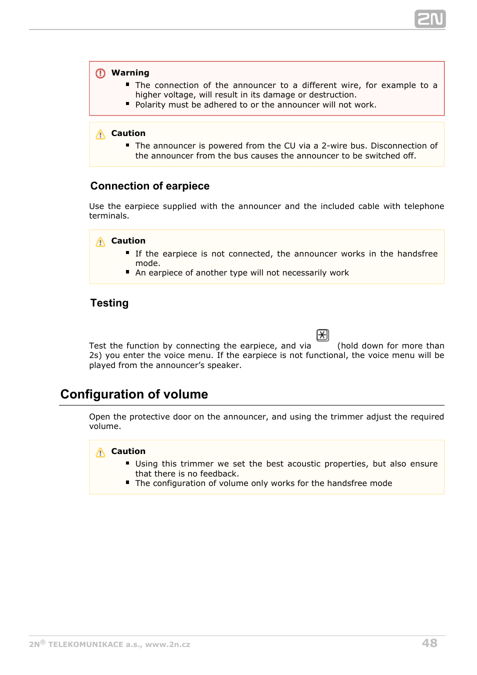 Configuration of volume, Connection of earpiece, Testing | 2N Lift8 v1.0 User Manual | Page 48 / 164