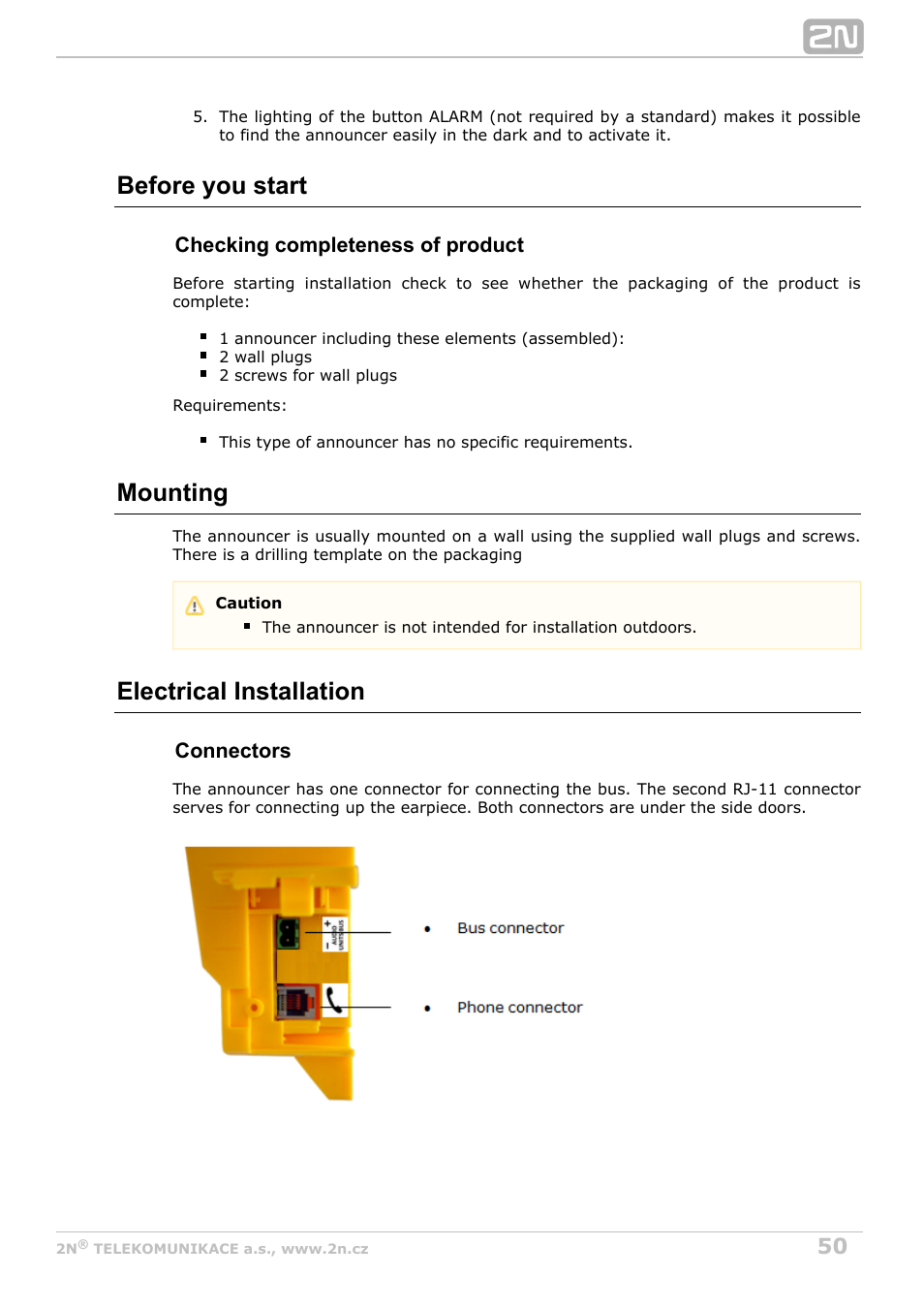 Before you start, Mounting, Electrical installation | 2N Lift8 v1.0 User Manual | Page 50 / 164