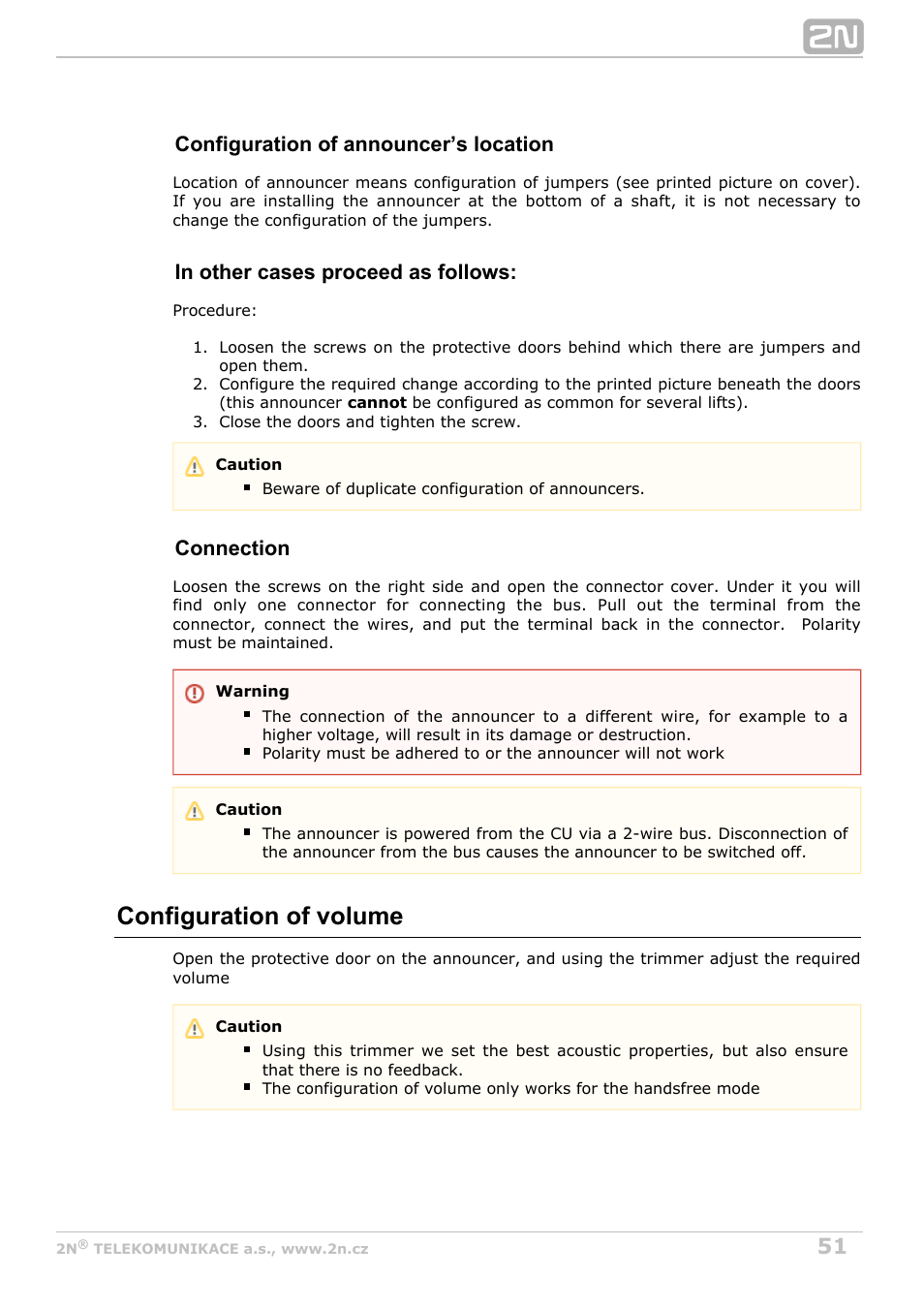 Configuration of volume, Configuration of announcer’s location, Connection | 2N Lift8 v1.0 User Manual | Page 51 / 164