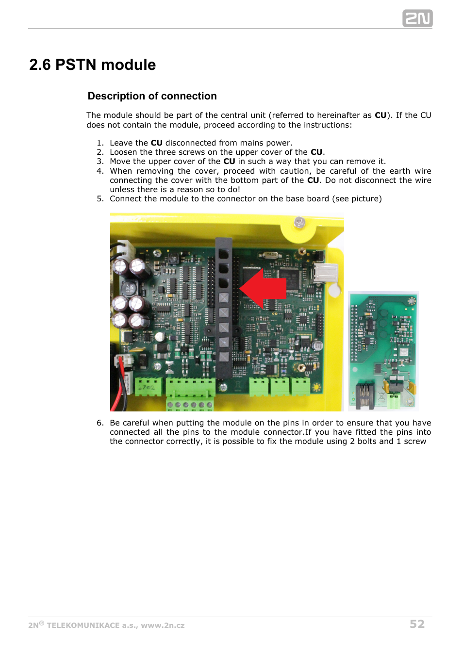 6 pstn module, Description of connection | 2N Lift8 v1.0 User Manual | Page 52 / 164