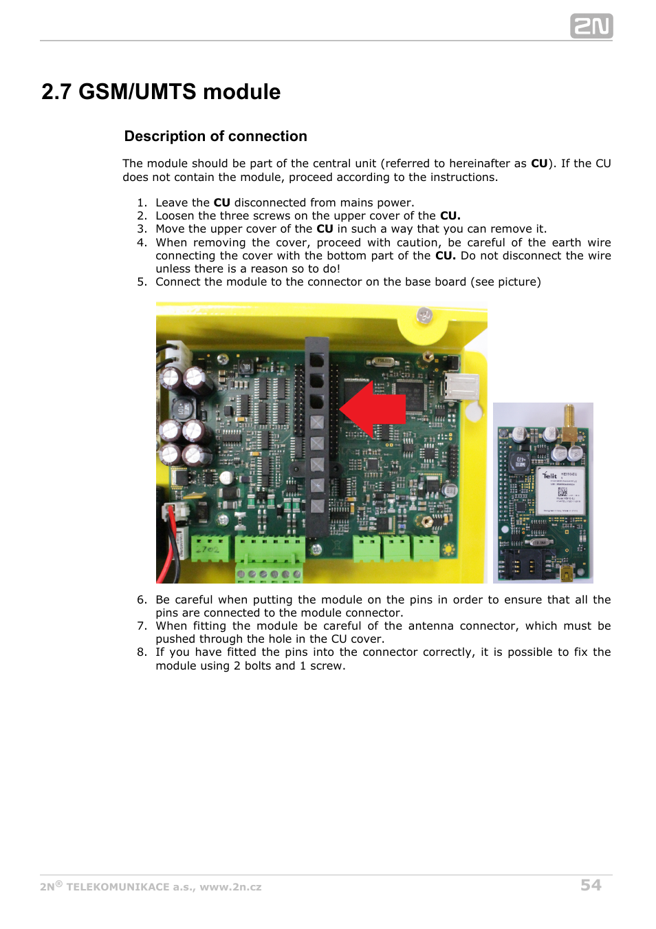 7 gsm/umts module, Description of connection | 2N Lift8 v1.0 User Manual | Page 54 / 164