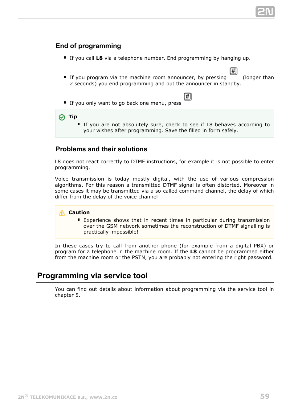 Programming via service tool, End of programming, Problems and their solutions | 2N Lift8 v1.0 User Manual | Page 59 / 164