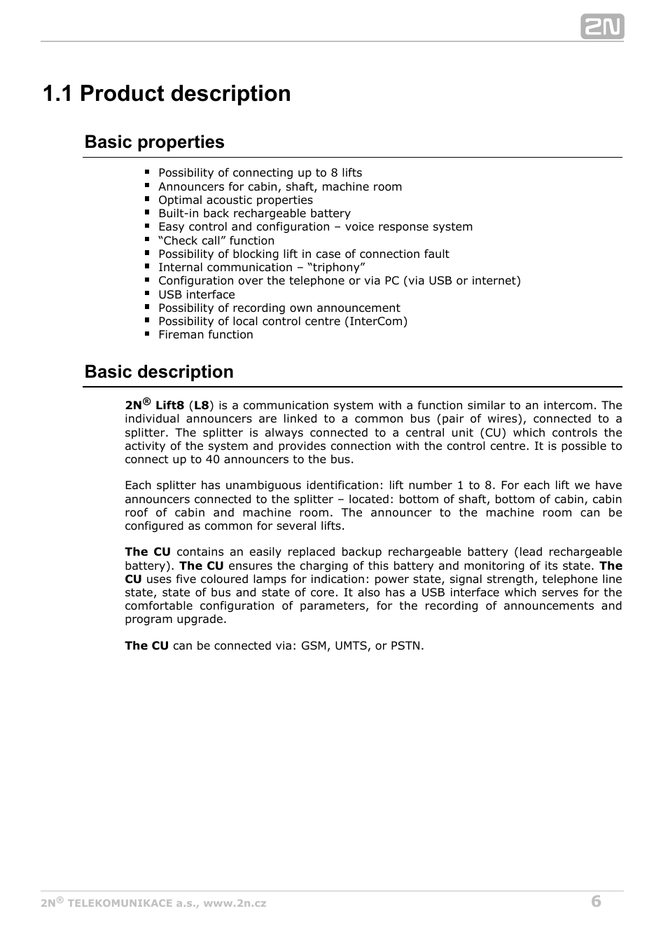 1 product description, Basic properties, Basic description | 2N Lift8 v1.0 User Manual | Page 6 / 164