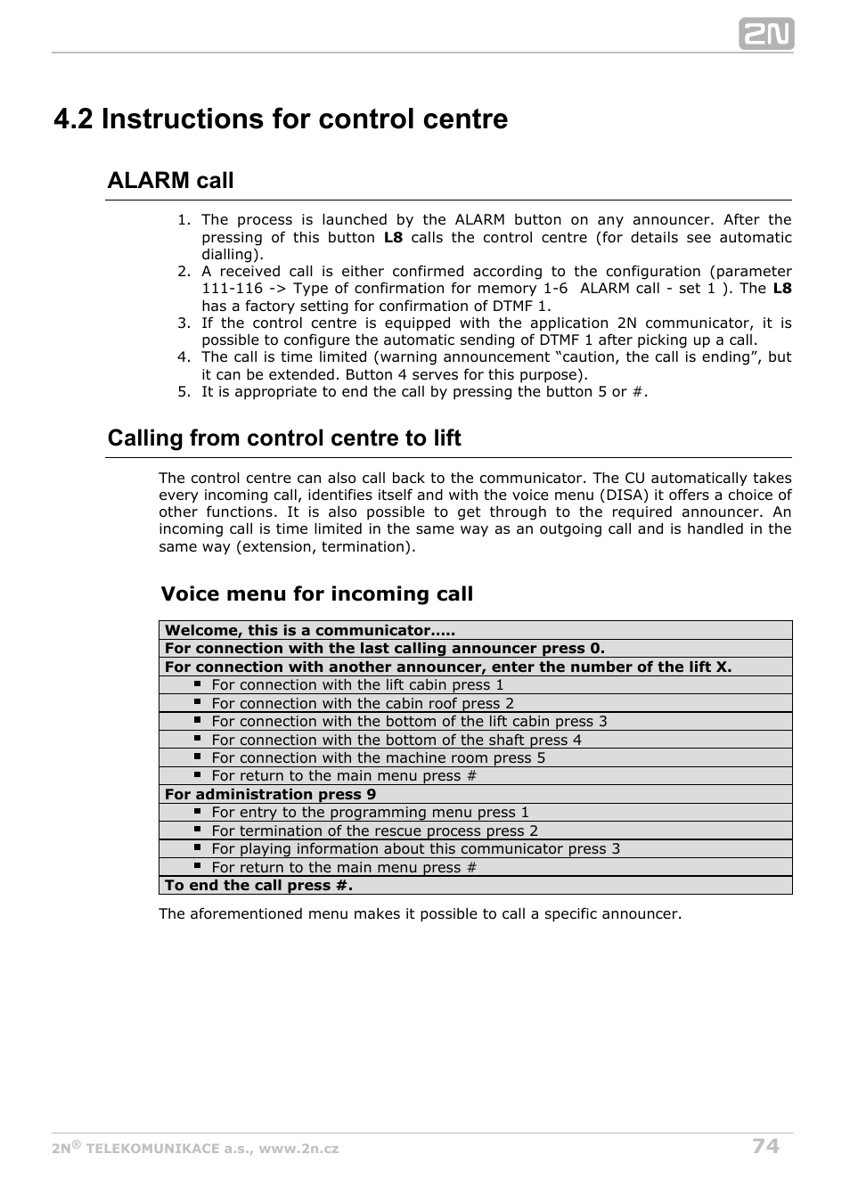 2 instructions for control centre, Alarm call, Calling from control centre to lift | 2N Lift8 v1.0 User Manual | Page 74 / 164