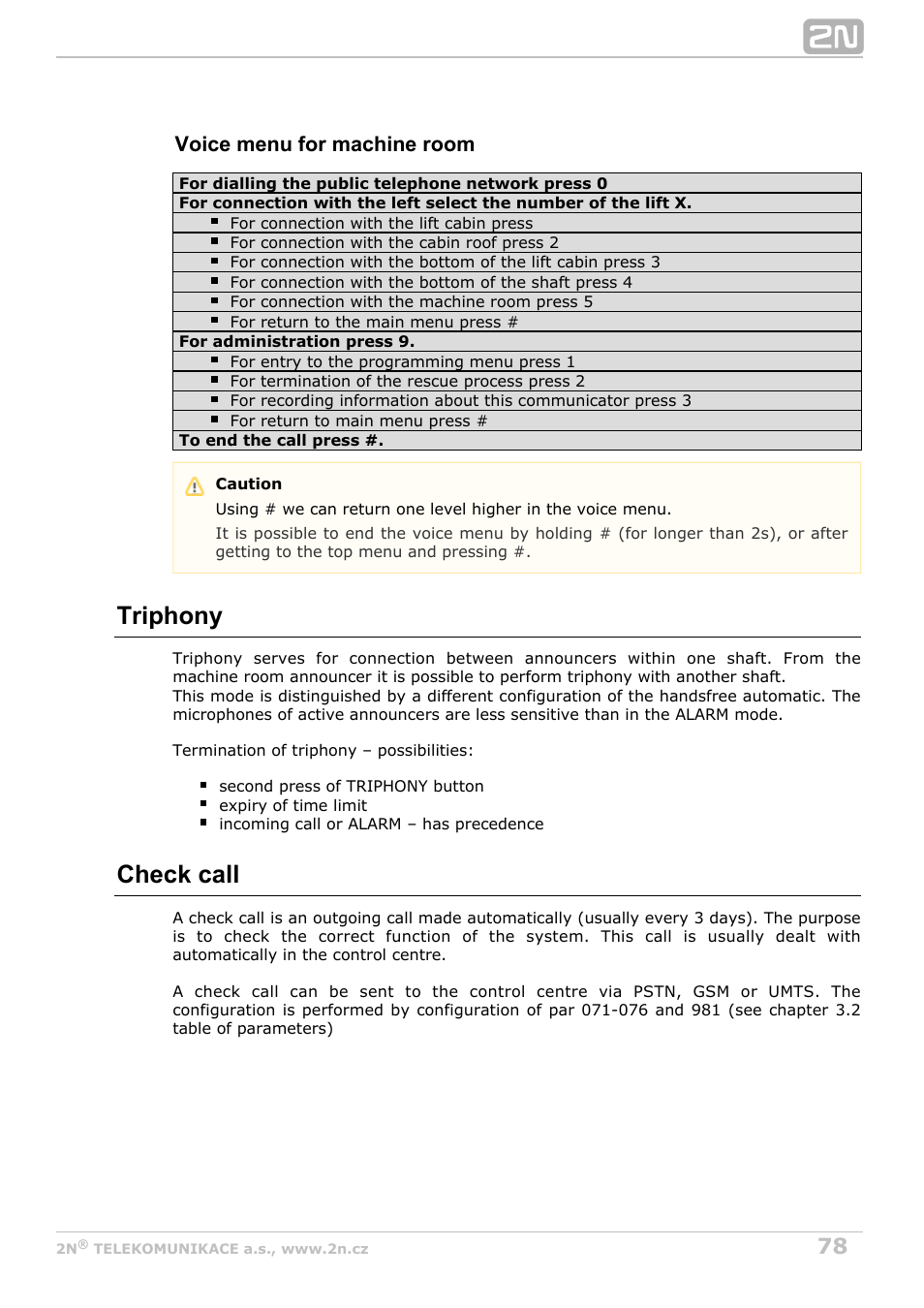 Triphony, Check call, Voice menu for machine room | 2N Lift8 v1.0 User Manual | Page 78 / 164