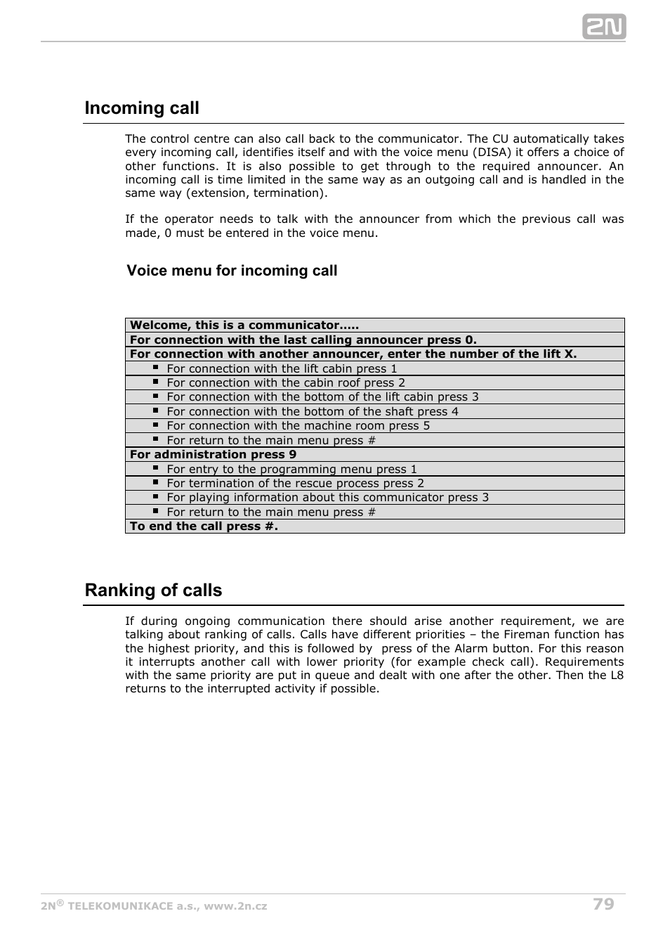 Incoming call, Ranking of calls, Voice menu for incoming call | 2N Lift8 v1.0 User Manual | Page 79 / 164