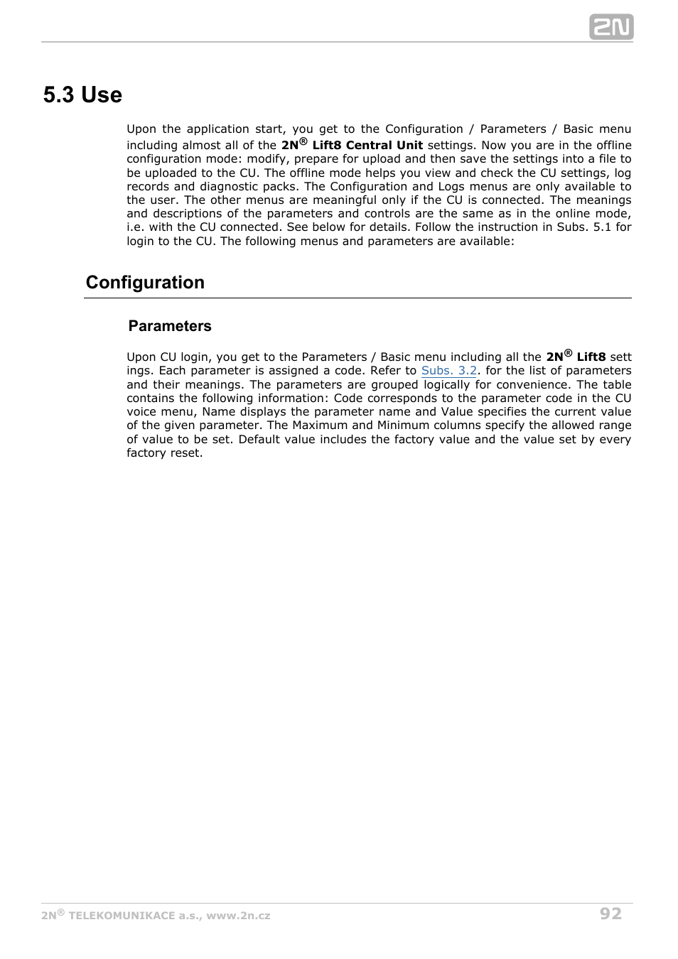 3 use, Configuration, Parameters | 2N Lift8 v1.0 User Manual | Page 92 / 164