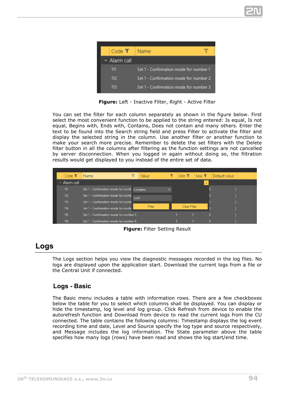 Logs, Logs - basic | 2N Lift8 v1.0 User Manual | Page 94 / 164