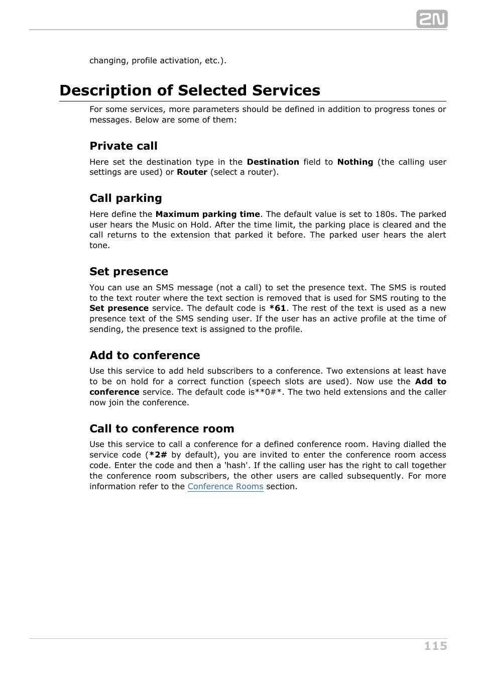 Description of selected services, Private call, Call parking | Set presence, Add to conference, Call to conference room | 2N NetStar Admin manual User Manual | Page 115 / 282