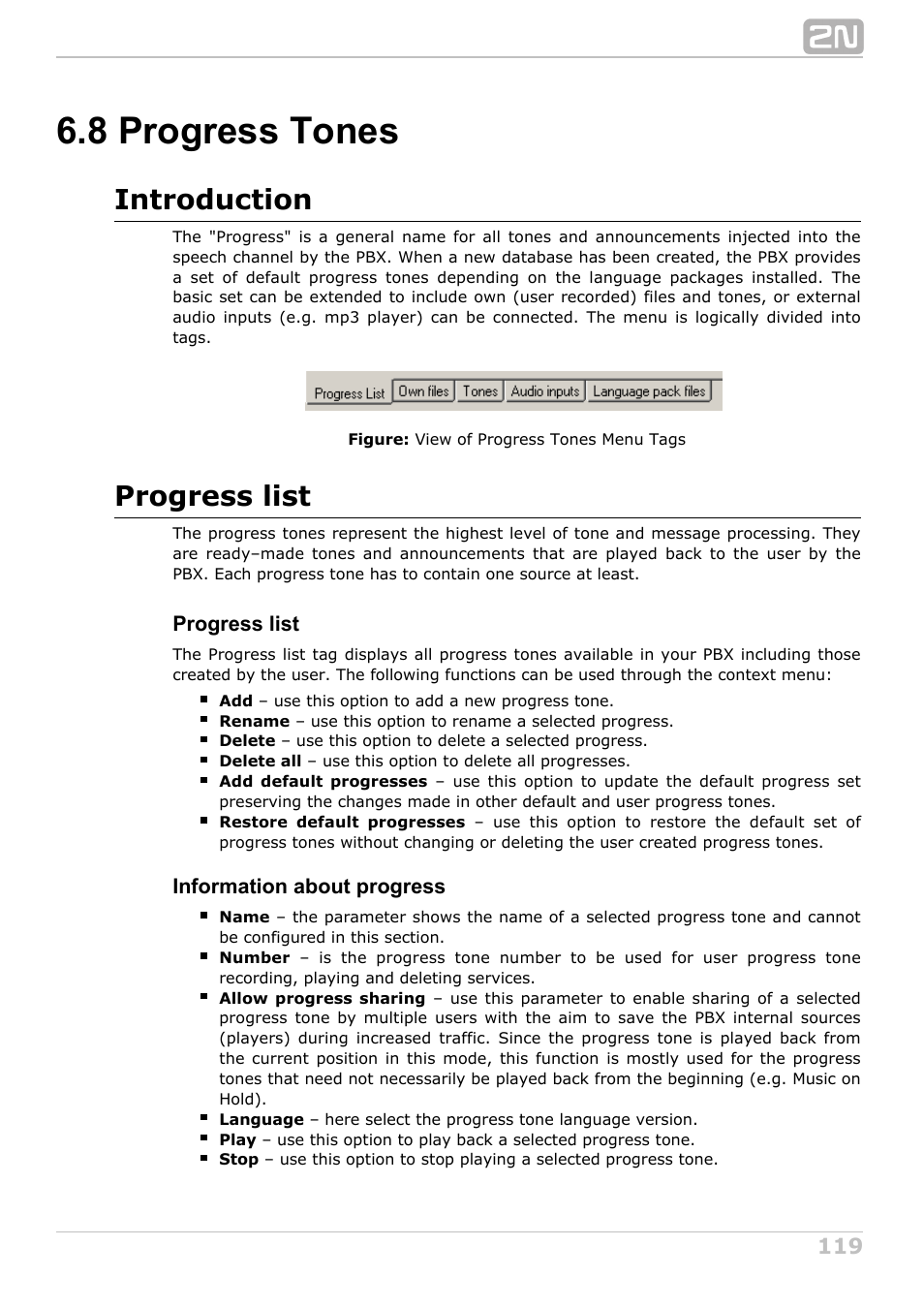 8 progress tones, Introduction, Progress list | 2N NetStar Admin manual User Manual | Page 119 / 282