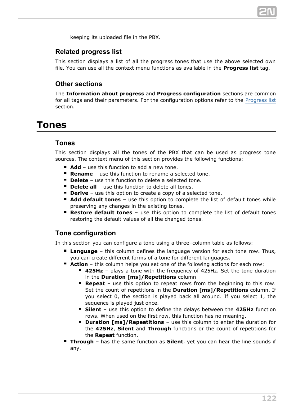 Tones, Related progress list, Tone configuration | 2N NetStar Admin manual User Manual | Page 122 / 282