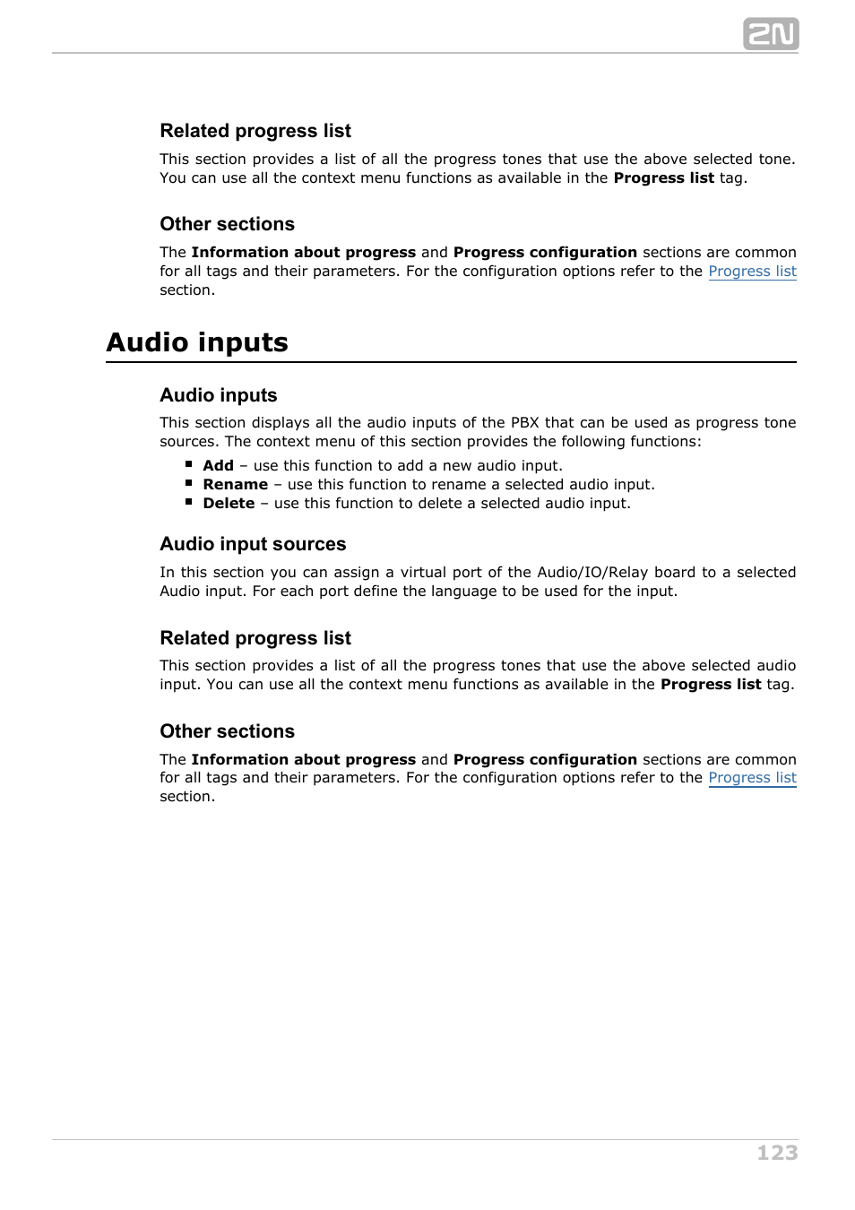 Audio inputs, Related progress list, Audio input sources | 2N NetStar Admin manual User Manual | Page 123 / 282