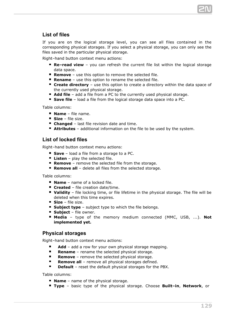 List of files, List of locked files, Physical storages | 2N NetStar Admin manual User Manual | Page 129 / 282