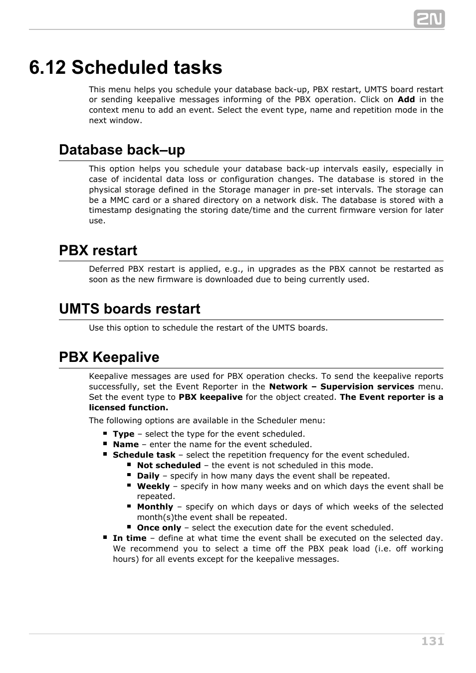 12 scheduled tasks, Database back–up, Pbx restart | Umts boards restart, Pbx keepalive | 2N NetStar Admin manual User Manual | Page 131 / 282