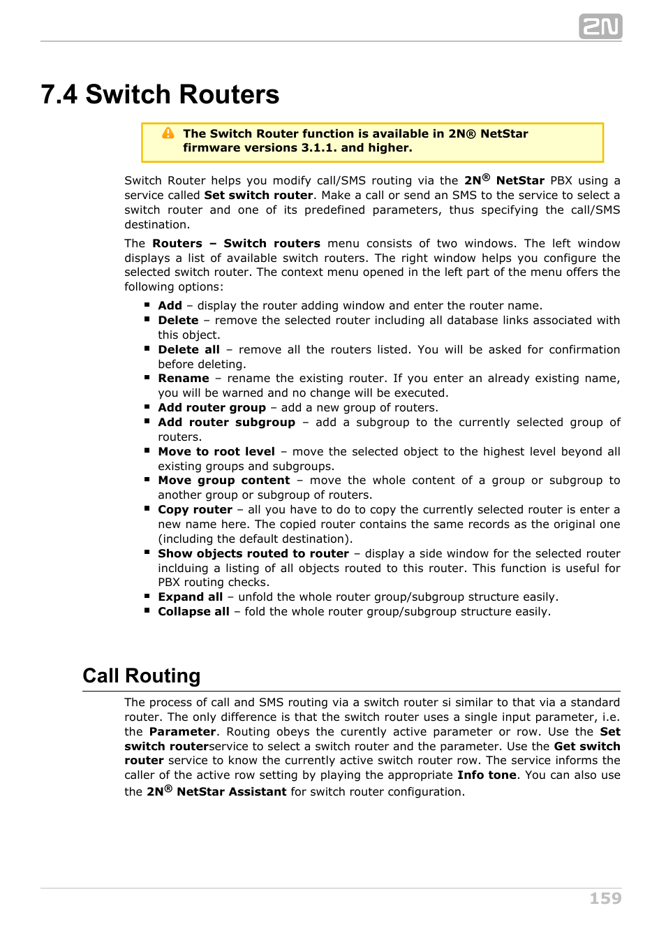 4 switch routers, Call routing | 2N NetStar Admin manual User Manual | Page 159 / 282