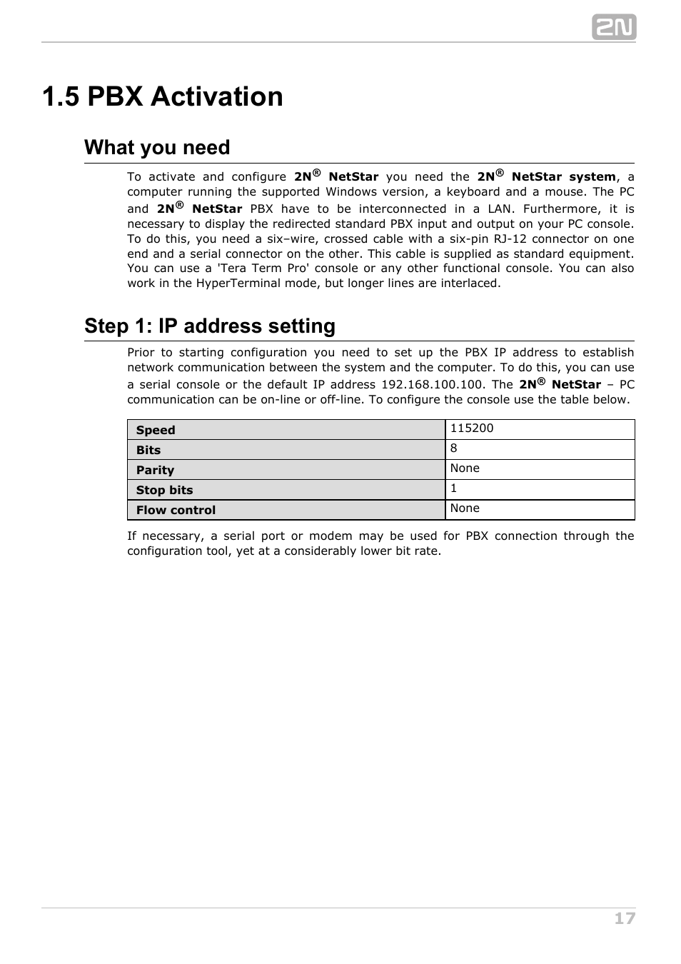 5 pbx activation, 5 pbx, Activation | What you need, Step 1: ip address setting | 2N NetStar Admin manual User Manual | Page 17 / 282