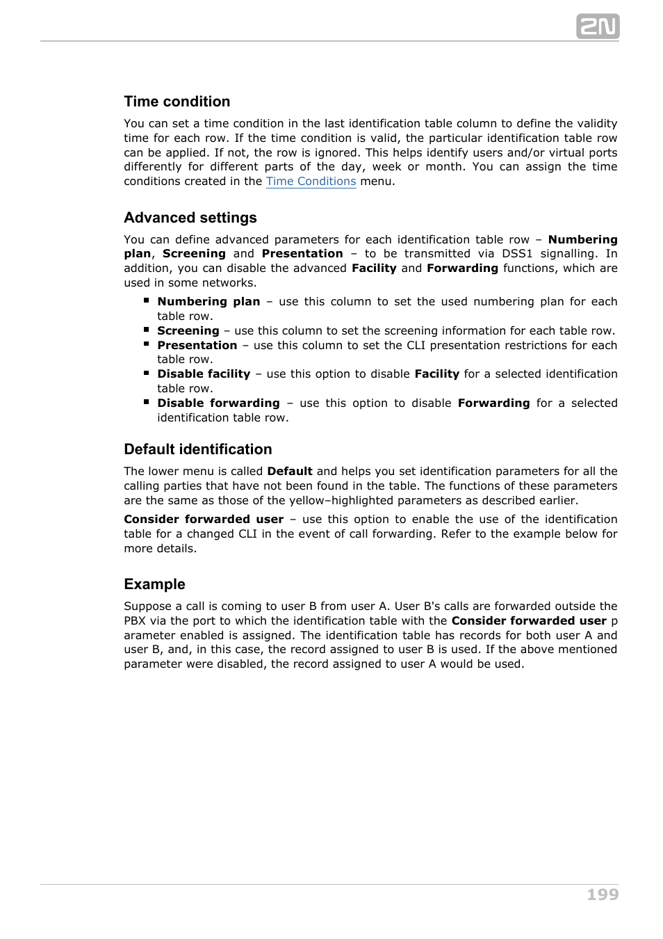 Time condition, Advanced settings, Default identification | Example | 2N NetStar Admin manual User Manual | Page 199 / 282