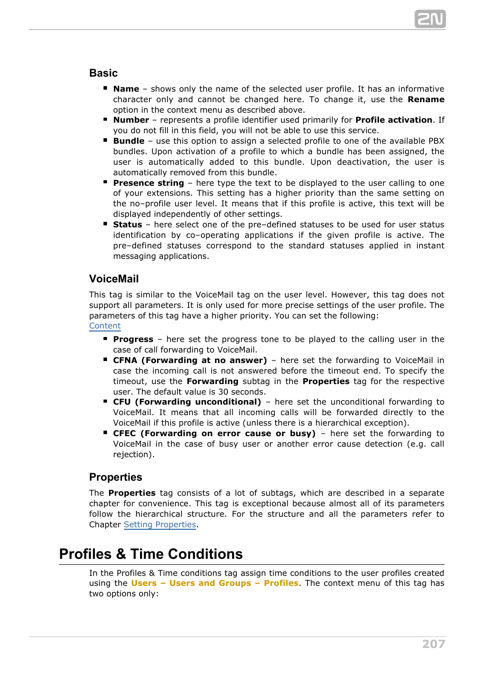 Profiles & time conditions, Basic, Voicemail | Properties | 2N NetStar Admin manual User Manual | Page 207 / 282