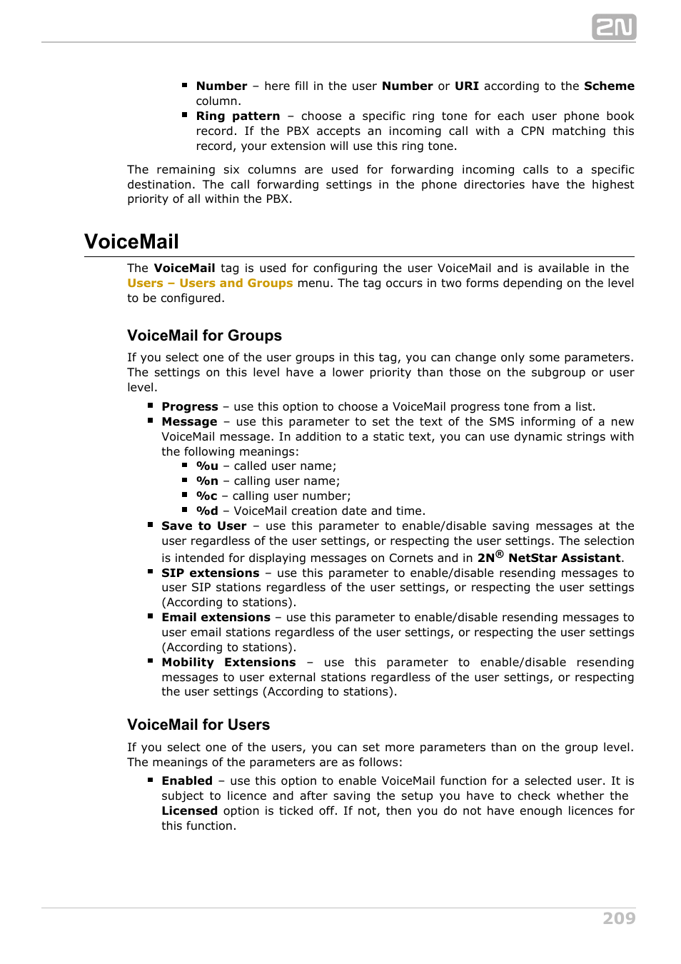 Voicemail, Voicemail for groups, Voicemail for users | 2N NetStar Admin manual User Manual | Page 209 / 282