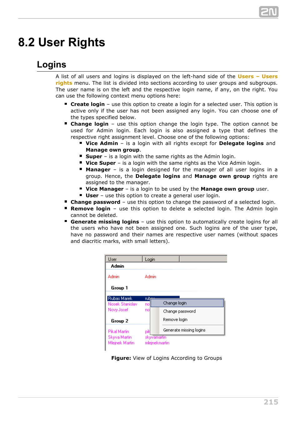 2 user rights, Logins | 2N NetStar Admin manual User Manual | Page 215 / 282
