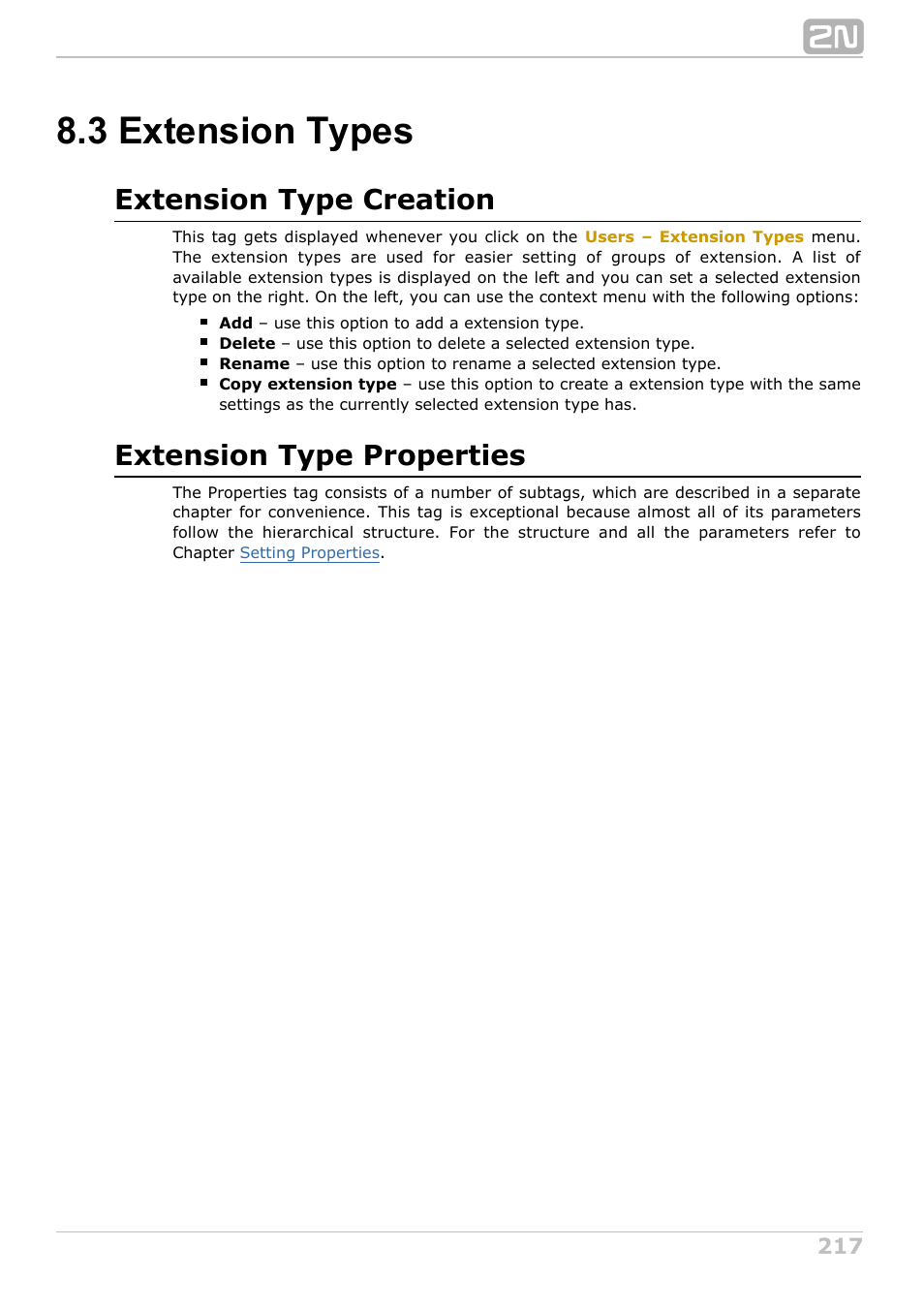 3 extension types, Extension type creation, Extension type properties | 2N NetStar Admin manual User Manual | Page 217 / 282