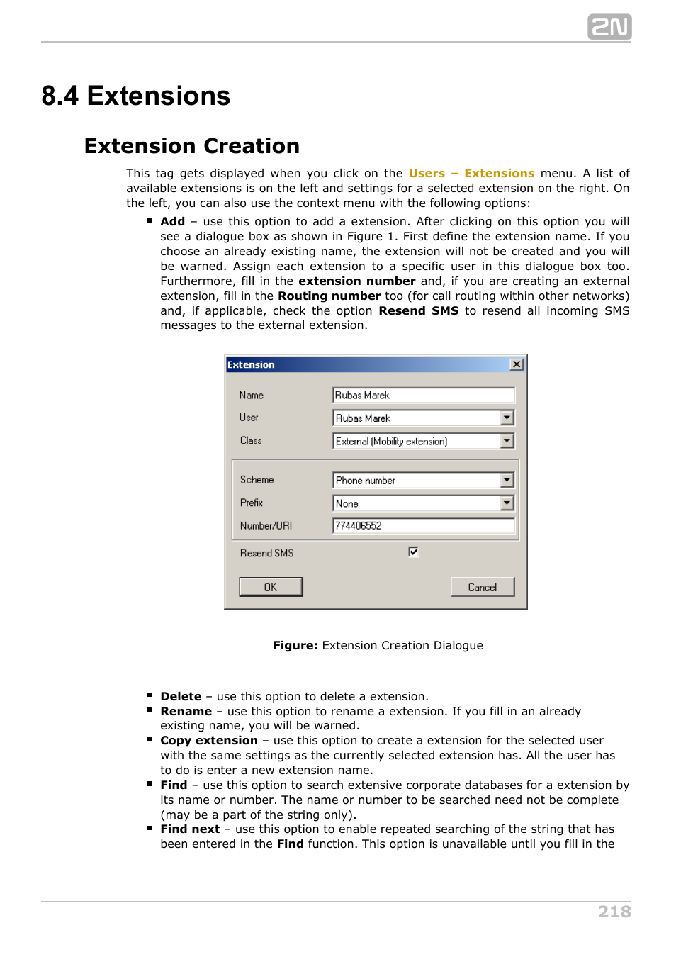 4 extensions, Menu, Extensions | Extension creation | 2N NetStar Admin manual User Manual | Page 218 / 282