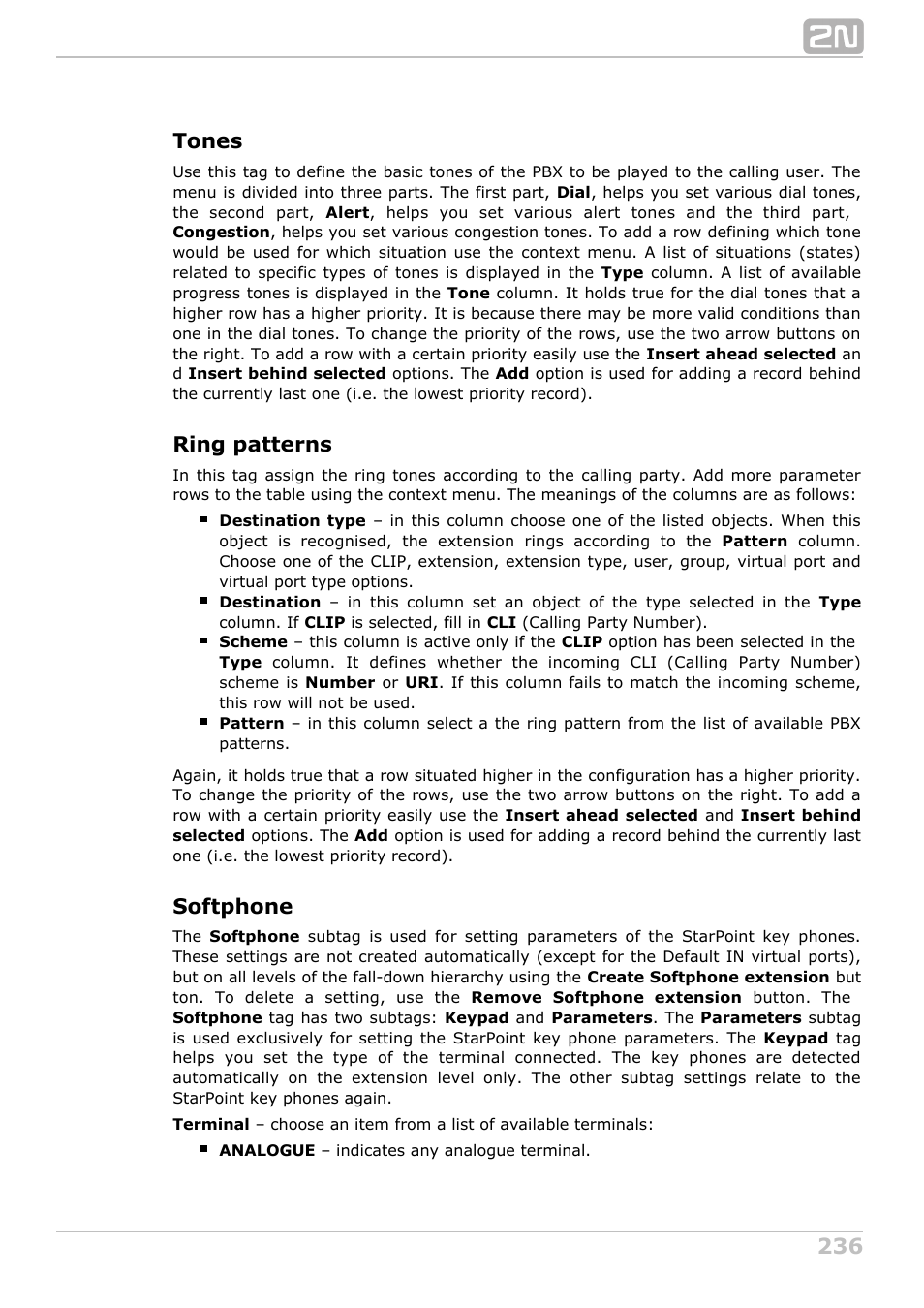 Tones, Ring patterns, Softphone | 2N NetStar Admin manual User Manual | Page 236 / 282