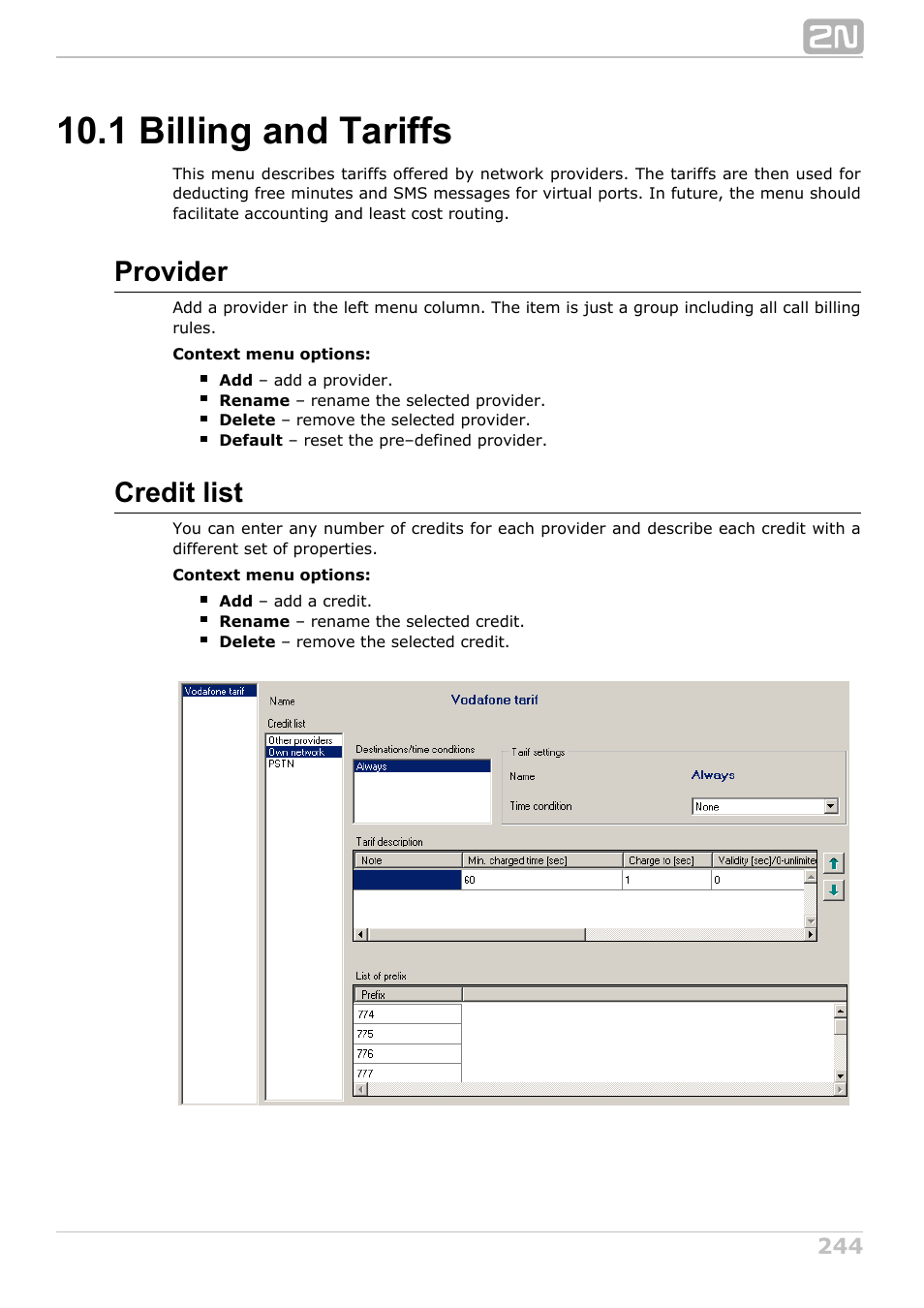 1 billing and tariffs, Provider, Credit list | 2N NetStar Admin manual User Manual | Page 244 / 282