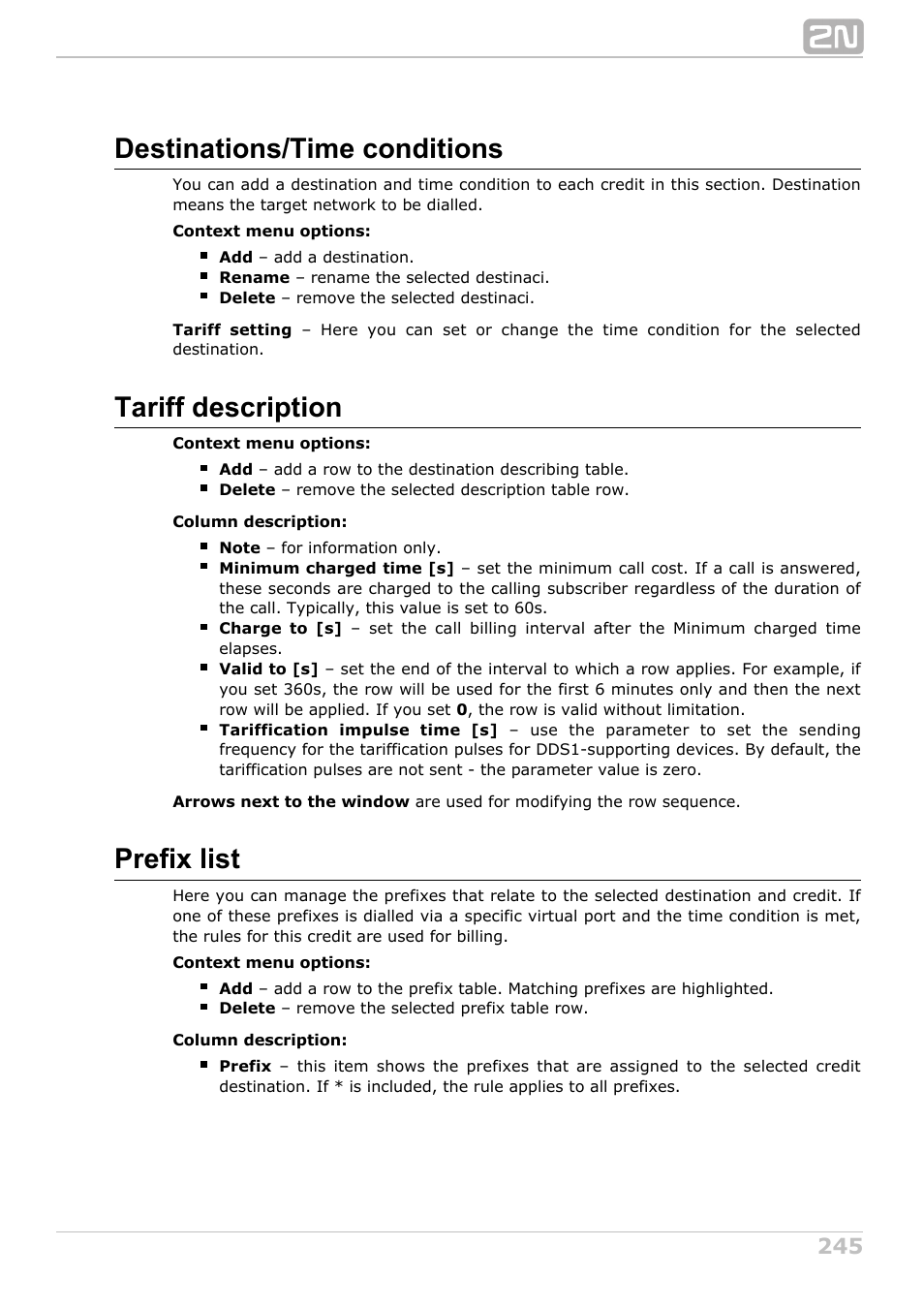 Destinations/time conditions, Tariff description, Prefix list | 2N NetStar Admin manual User Manual | Page 245 / 282