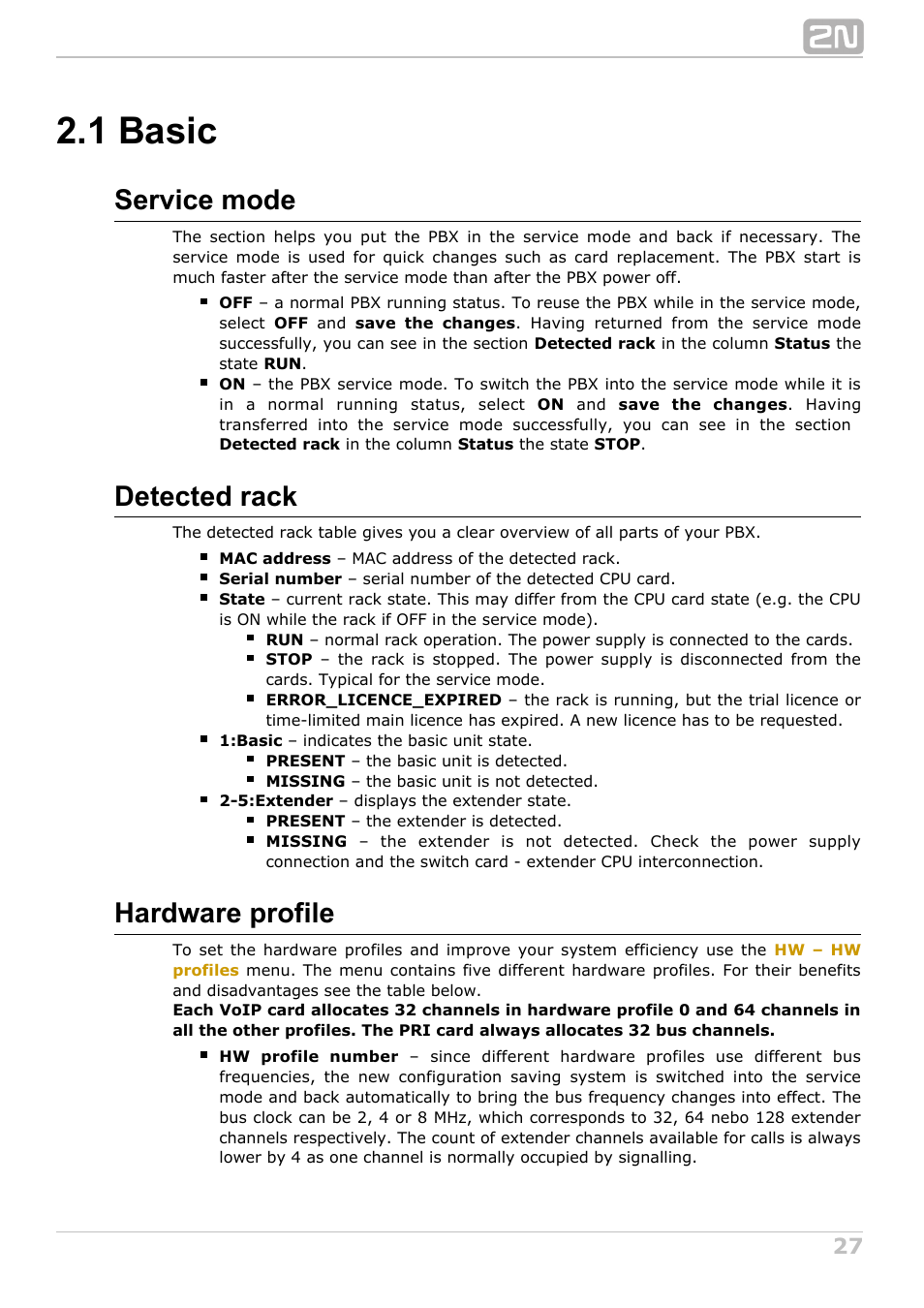 1 basic, Service mode, Detected rack | Hardware profile | 2N NetStar Admin manual User Manual | Page 27 / 282