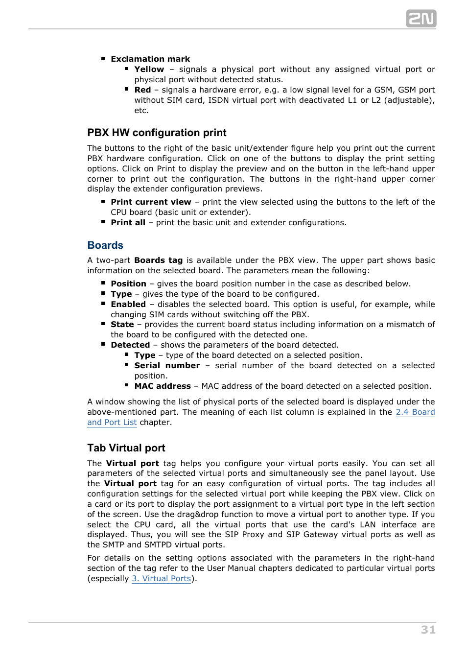 Pbx hw configuration print, Boards, Tab virtual port | 2N NetStar Admin manual User Manual | Page 31 / 282