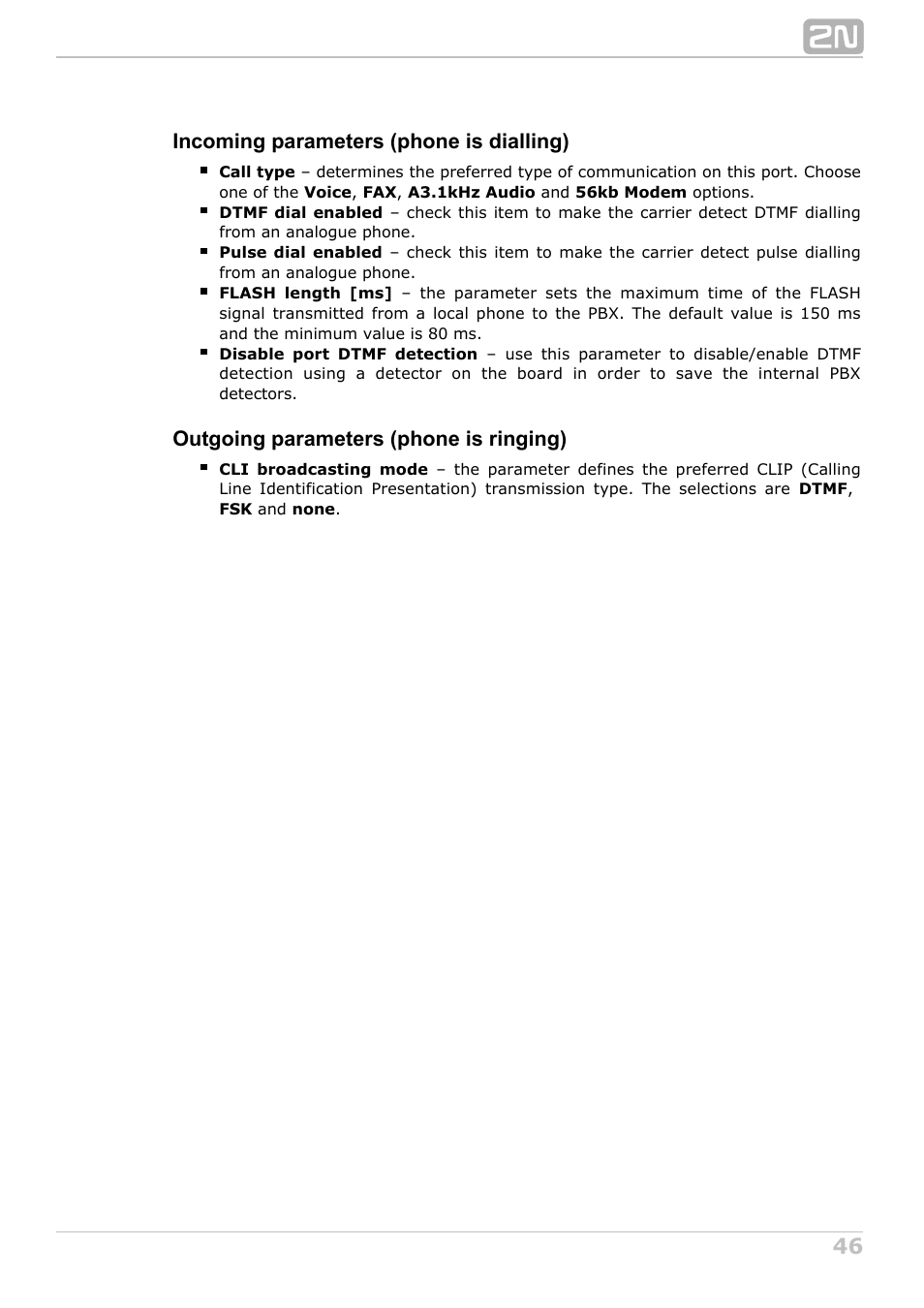 Incoming parameters (phone is dialling), Outgoing parameters (phone is ringing) | 2N NetStar Admin manual User Manual | Page 46 / 282