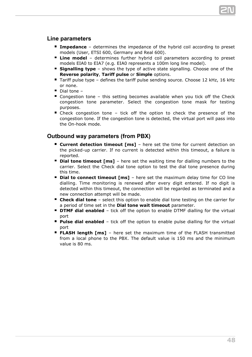 Line parameters, Outbound way parameters (from pbx) | 2N NetStar Admin manual User Manual | Page 48 / 282