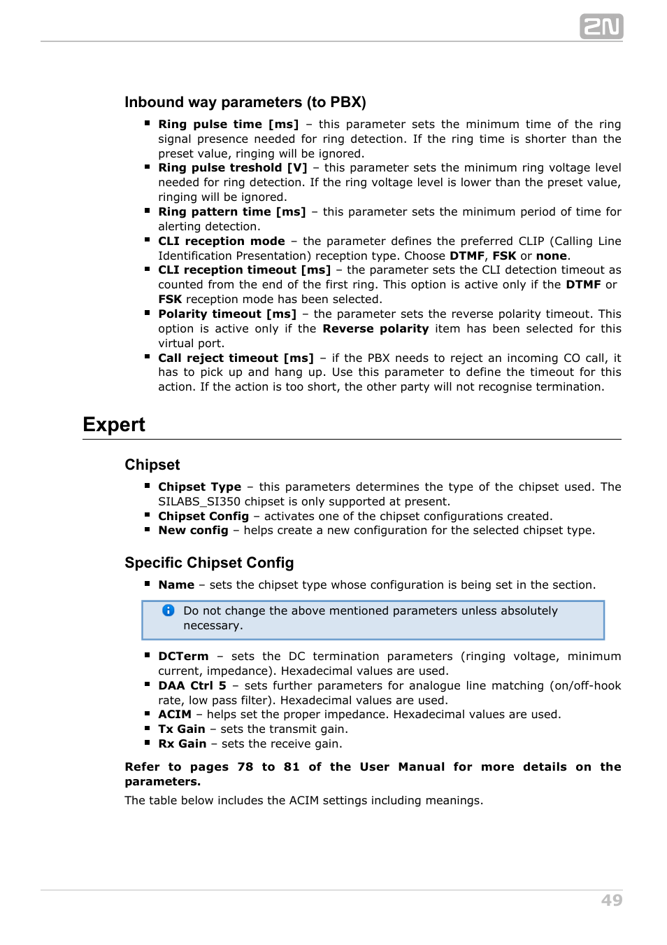 Expert, Inbound way parameters (to pbx), Chipset | Specific chipset config | 2N NetStar Admin manual User Manual | Page 49 / 282