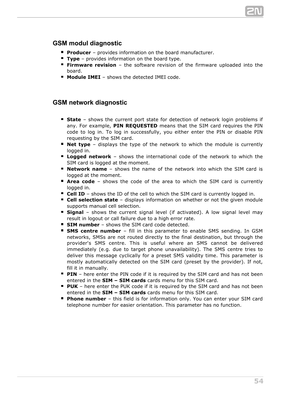 Gsm modul diagnostic, Gsm network diagnostic | 2N NetStar Admin manual User Manual | Page 54 / 282