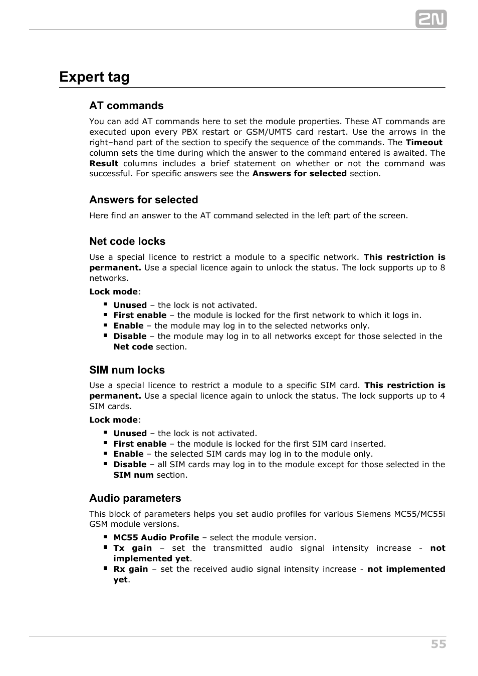 Expert tag, At commands, Answers for selected | Net code locks, Sim num locks, Audio parameters | 2N NetStar Admin manual User Manual | Page 55 / 282