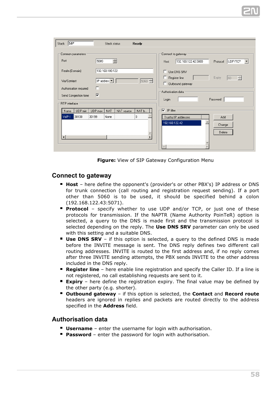 Connect to gateway, Authorisation data | 2N NetStar Admin manual User Manual | Page 58 / 282
