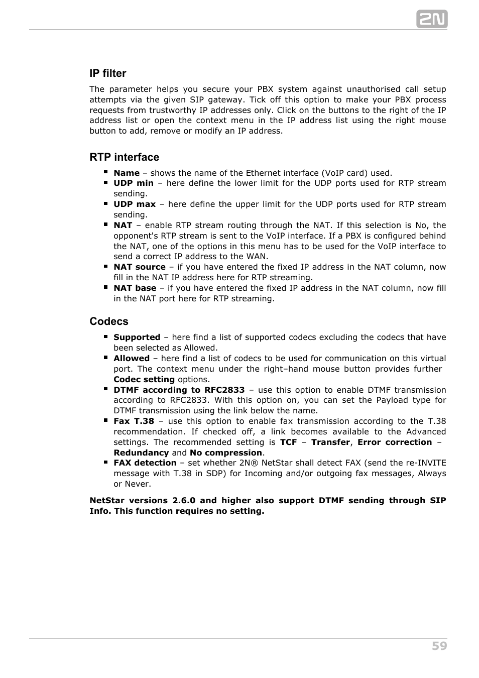 Ip filter, Rtp interface, Codecs | 2N NetStar Admin manual User Manual | Page 59 / 282