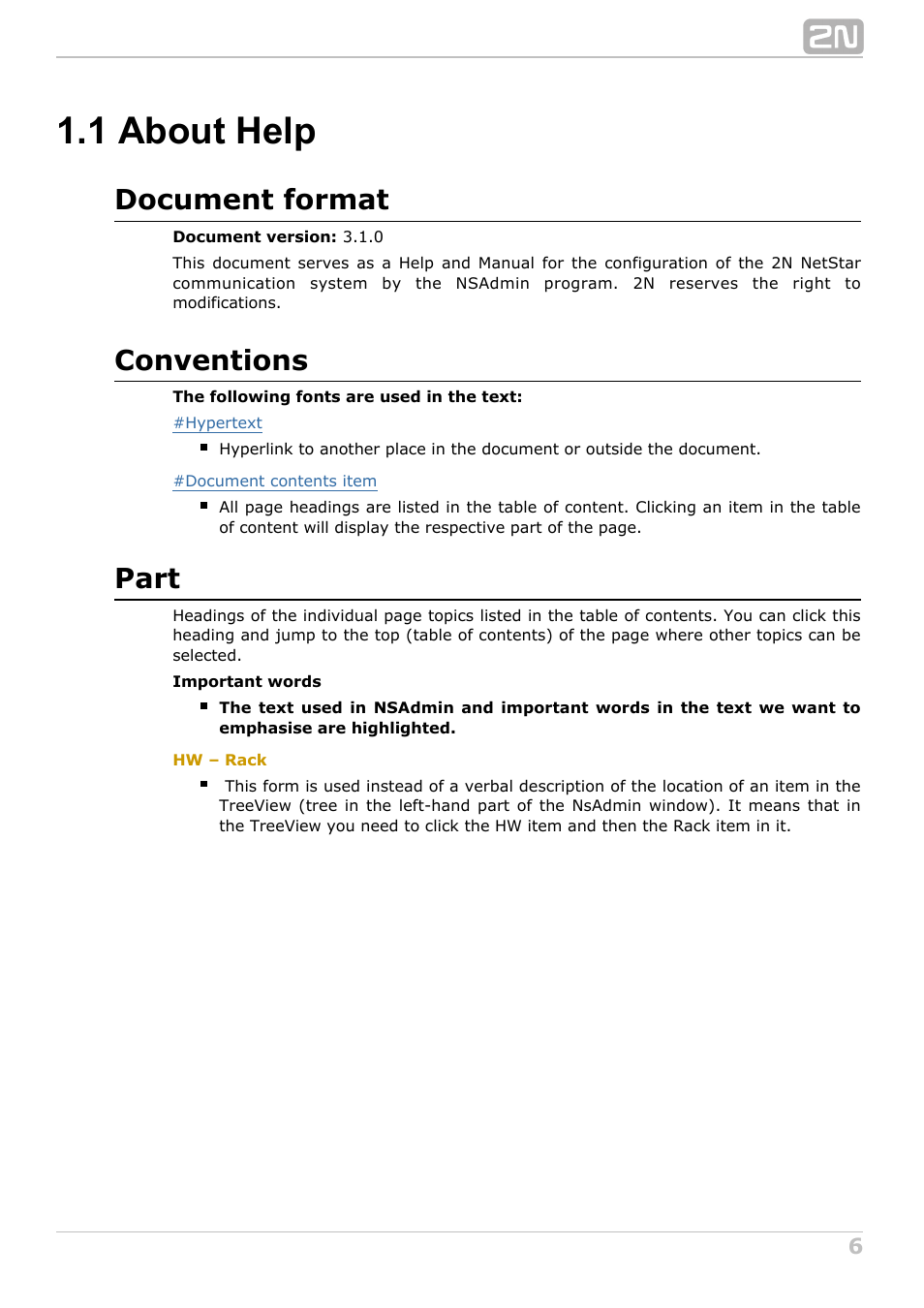 1 about help, Document format, Conventions | Part | 2N NetStar Admin manual User Manual | Page 6 / 282