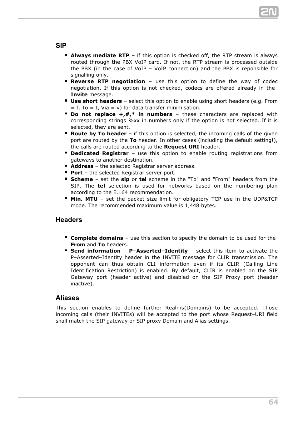 Headers, Aliases | 2N NetStar Admin manual User Manual | Page 64 / 282