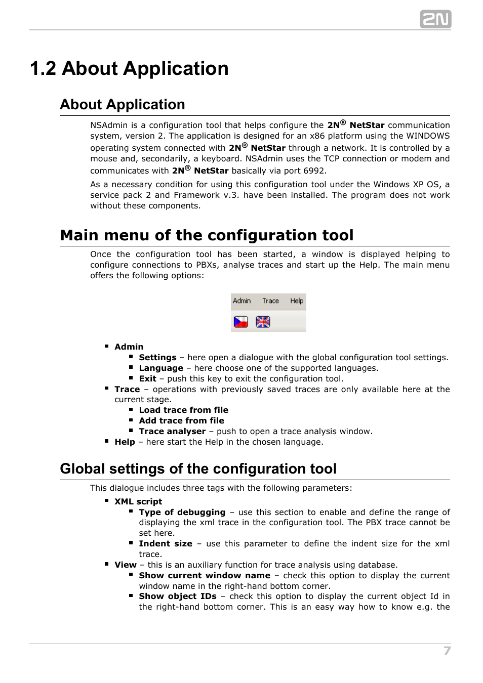 2 about application, About application, Main menu of the configuration tool | Global settings of the configuration tool | 2N NetStar Admin manual User Manual | Page 7 / 282