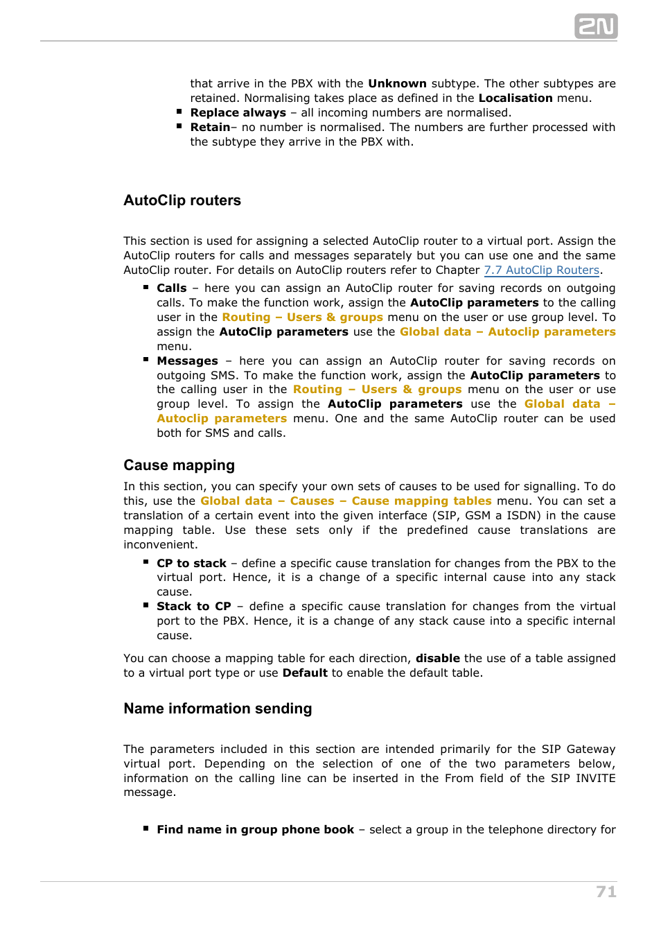 Autoclip routers, Cause mapping, Name information sending | 2N NetStar Admin manual User Manual | Page 71 / 282